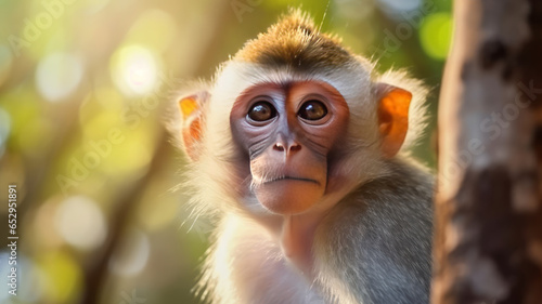 A cute monkey lives in a natural forest of Thailand. © Krisana