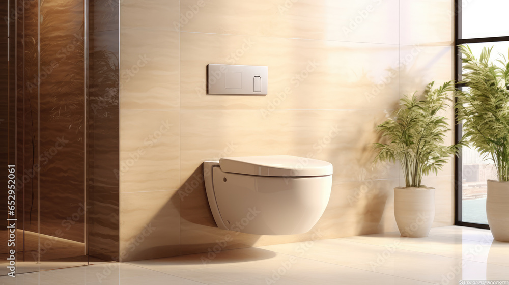 Modern luxury toilet granite tile floor in sunlight on beige wall Modern luxury toilet granite tile floor in sunlight on beige wall