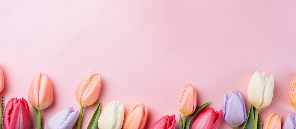 Pastel pink background with tulip flowers and paint brush for creative spring concept