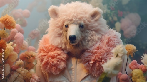 A bear dressed in a pink fur coat surrounded by flowers © Maria Starus