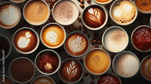 A group of cups of different types of coffee