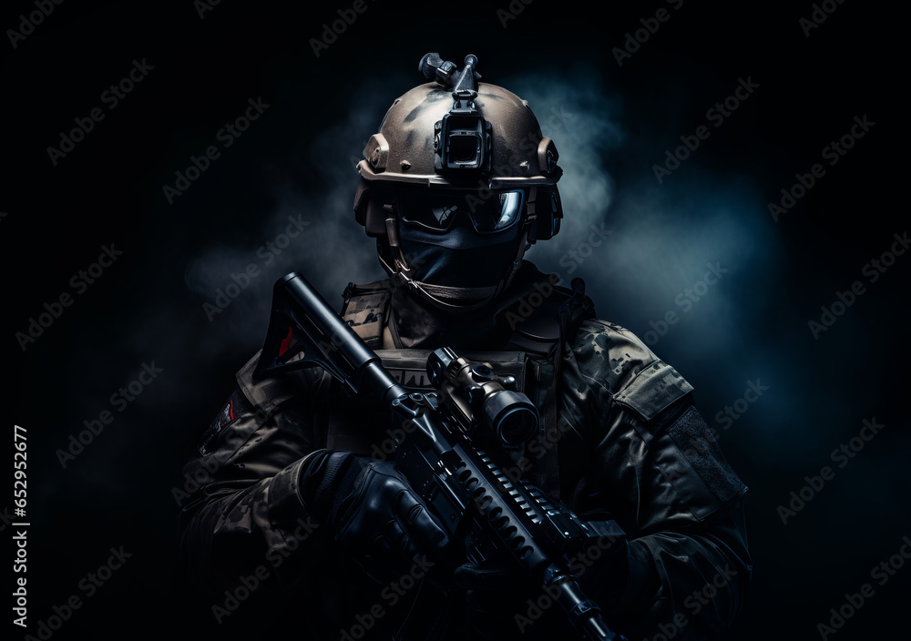 Modern army special forces equipped soldier, anti terrorist squad fighter, elite mercenary in helmet, studio portrait in darkness. Close up, half length