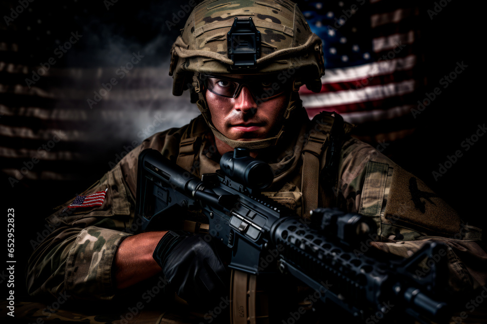 Modern army special forces equipped soldier, anti terrorist squad fighter, elite mercenary in helmet, studio portrait with national flag Modern army special forces equipped soldier, anti terrorist squad fighter, elite mercenary in helmet, studio portrait with national flag