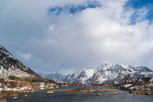 Snowcapped mountains in winter Austvagoya island Lofoten archipelago Vagan Nordland Norway