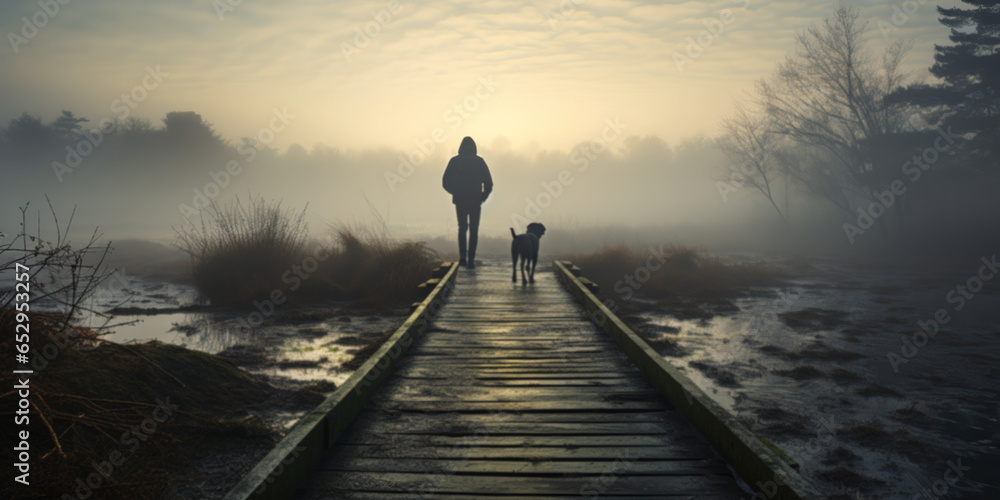 A lonely man walks his dog on an abandoned nature boardwalk. Misty and foggy scenery - obrazy, fototapety, plakaty 