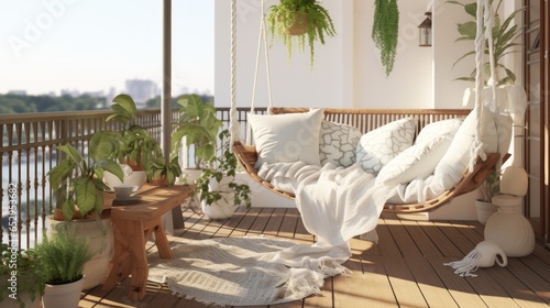 Real photo of relaxing boho zone in home. Wooden floor on terrace with comfy furniture and green plants. Decoration concept. Sunny summer day. photo