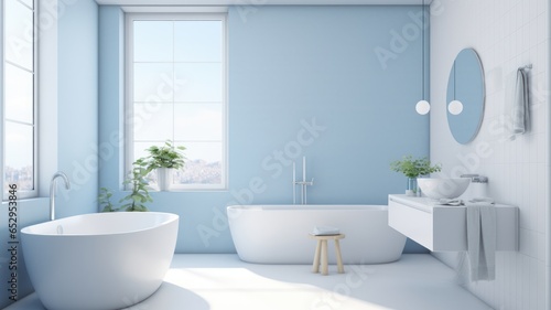 Interior of modern luxury scandi style bathroom with window and white walls. Free standing bathtub  countertop sink on white wall-hung cabinet  wall mirror. Contemporary home design. 3D rendering.