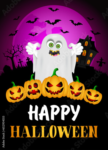 Happy Halloween poster with ghost and pumpkins