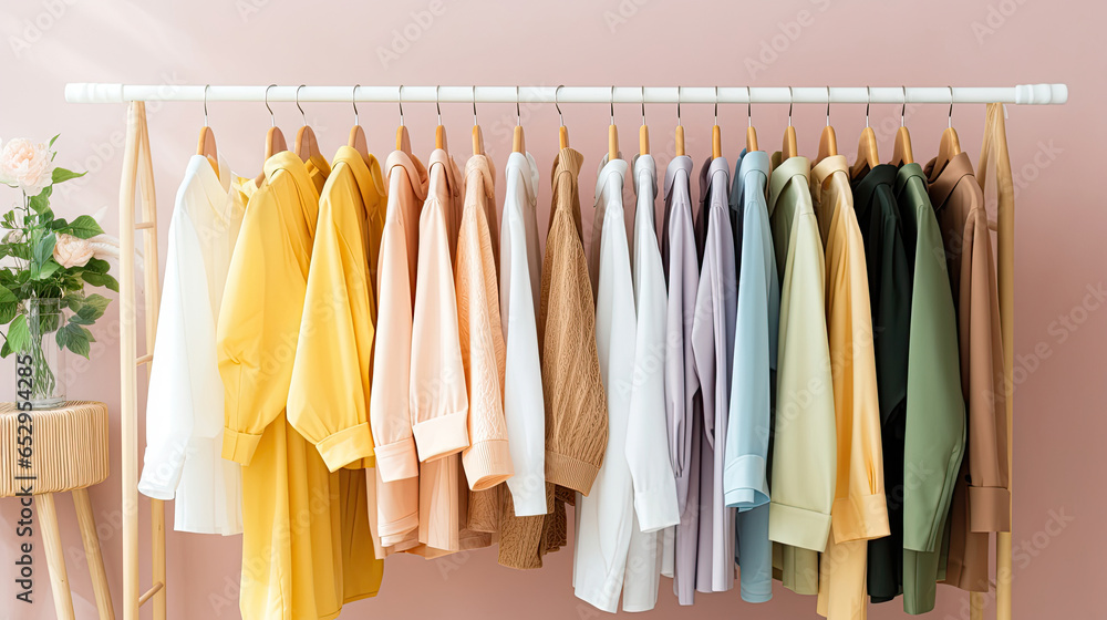 Fashion stylish luxury clothes display. Image and stylish services, selection of colors, types. Capsule spring wardrobe Fashion stylish luxury clothes display. Image and stylish services, selection of colors, types. Capsule spring wardrobe