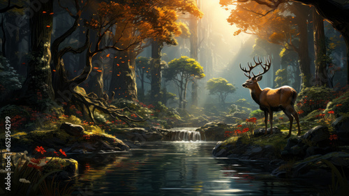 Beautiful deer in the forest with river © Krisana