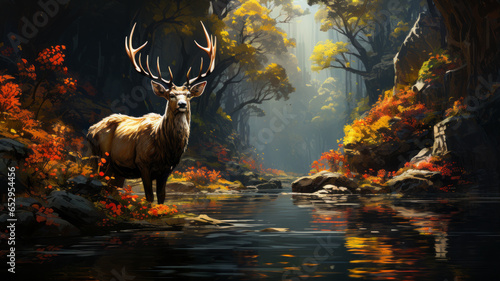 Beautiful deer in the forest with river,generative ai © Krisana