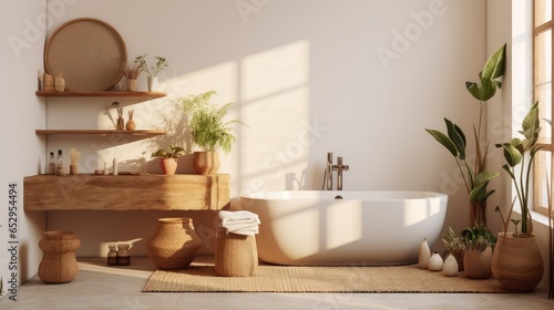 Comfortable bathroom with interior design in boho chic style  bathtub  vintage commode with mirror  wicker armchair  fluffy carpet and green houseplants in flowerpots