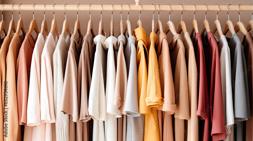 Fashion stylish luxury clothes display. Image and stylish services, selection of colors, types. Capsule spring wardrobe Fashion stylish luxury clothes display. Image and stylish services, selection of colors, types. Capsule spring wardrobe