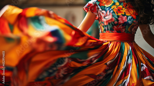 Colorful Mexican dress with movement. Traditional celebration dancing