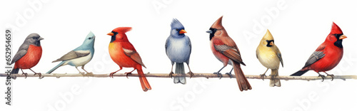 Bird set watercolor illustration. Red cardinal, eastern bluebird, goldfinch, robin, wren © Krisana
