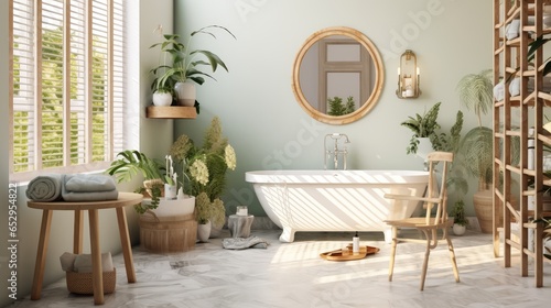 Comfortable bathroom with interior design in boho chic style, bathtub, vintage commode with mirror, wicker armchair, fluffy carpet and green houseplants in flowerpots