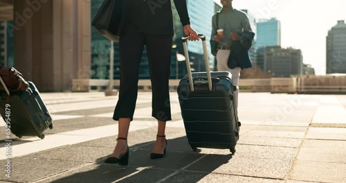 Man, woman and travel with work for corporate, professional and airport with luggage to plane. Formal, career and executives with luxury in first class and visa, booking and .reservation for hotel photo