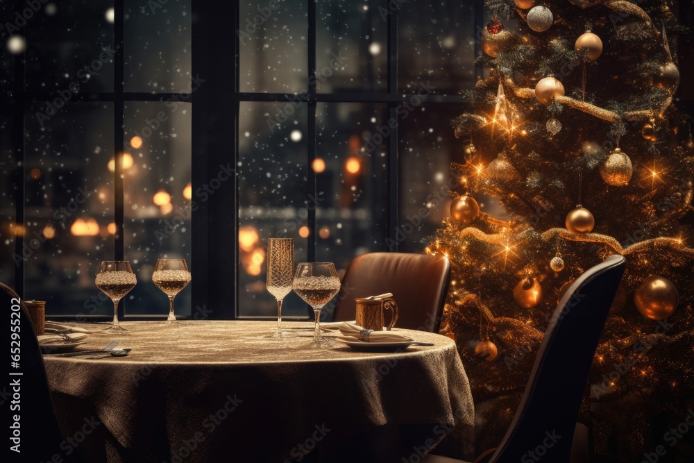 a table in a restaurant in front of a christmas tree Generative AI a table in a restaurant in front of a christmas tree Generative AI