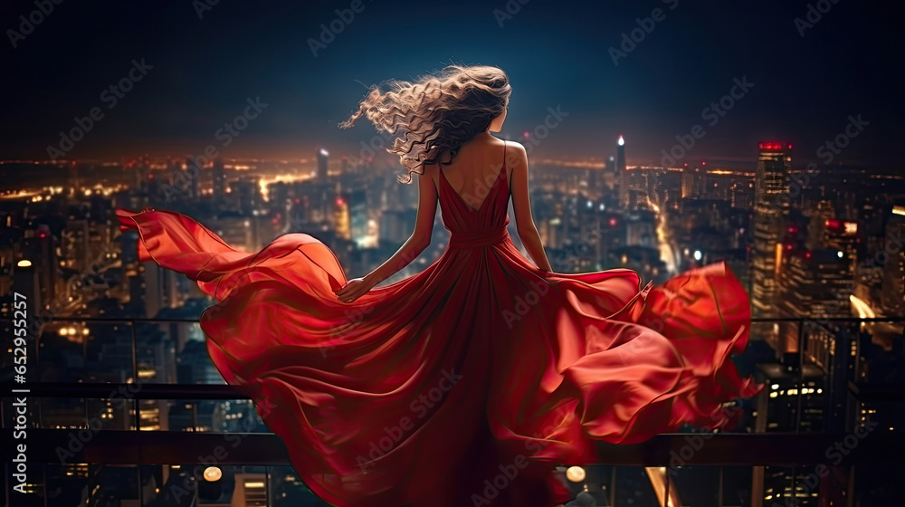Fashion Woman in Red fluttering Dress Back Side Rear View. Glamour Model dancing with Long Silk Fabric flying on Wind over Night Sky City Light Landscape - obrazy, fototapety, plakaty 