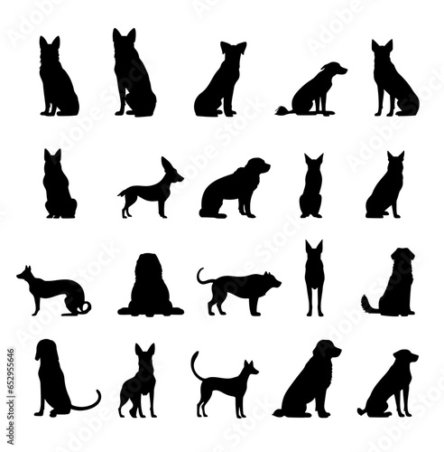 Vector set of different breeds dogs silhouettes isolated in black color on white backround