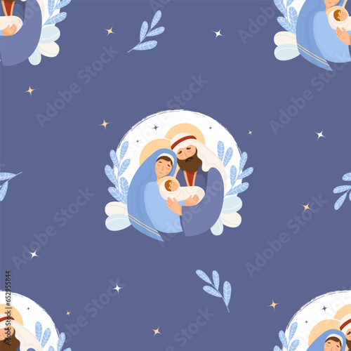 Merry Christmas seamless pattern. Holy family, birth of Jesus Christ. Virgin Mary, Joseph divine baby on blue background. vector illustration for holiday design, wallpaper, decor, print, packaging.