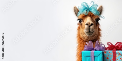 A lama in blue bow sitting among christmas gifts on white background, happy holiday concept