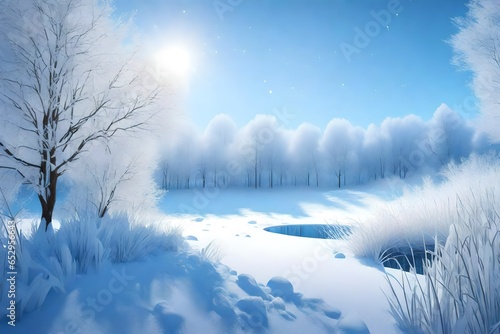 3D rendering of a serene winter landscape with a blue-toned frosty nature background. Showcase the intricate details of frozen grass and capture the tranquil beauty of the season.