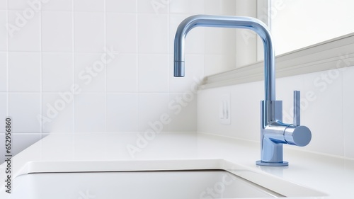 Fragment of a modern luxury white kitchen. Countertop with built-in sink, blue metallic faucet. White tile backsplash. Close-up. Contemporary interior design. 3D rendering.