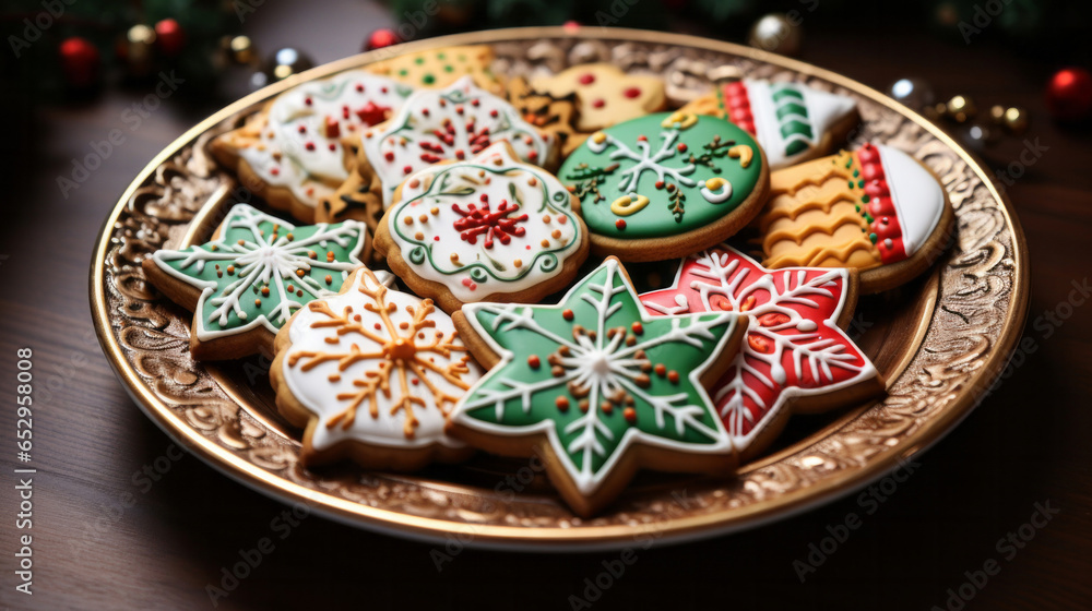 Colorful Christmas cookies. Homemade sweet decorated gingerbread biscuits with icing