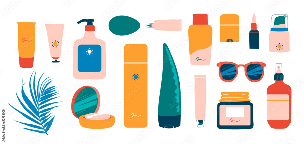 Sun safety collection. Heands with cream, tubes and bottles of sunscreen products with SPF: lotion, lipstick, spray. Hand drawn summer cosmetic. Sunblock, skin protection, skin care products. Vector