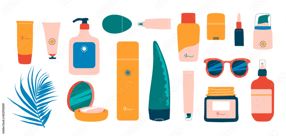 Sun safety collection. Heands with cream, tubes and bottles of sunscreen products with SPF: lotion, lipstick, spray. Hand drawn summer cosmetic. Sunblock, skin protection, skin care products. Vector Sun safety collection. Heands with cream, tubes and bottles of sunscreen products with SPF: lotion, lipstick, spray. Hand drawn summer cosmetic. Sunblock, skin protection, skin care products. Vector