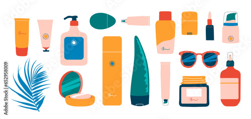 Sun safety collection. Heands with cream, tubes and bottles of sunscreen products with SPF: lotion, lipstick, spray. Hand drawn summer cosmetic. Sunblock, skin protection, skin care products. Vector