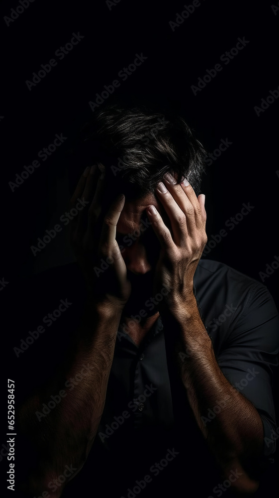 imagine a man in holding his head on dark background imagine a man in holding his head on dark background