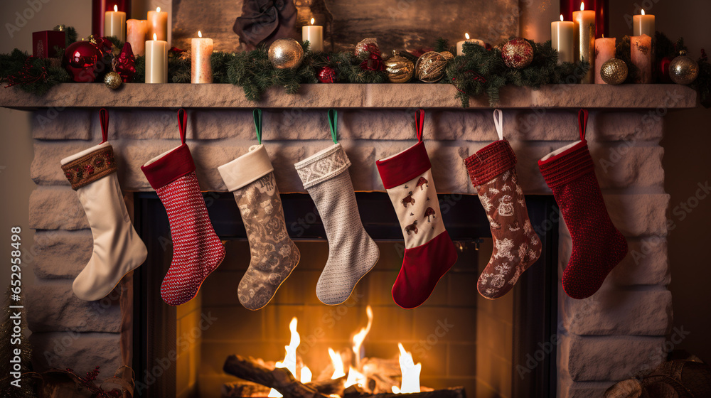 сhristmas interior. stockings hang on a fireplace mantel	
