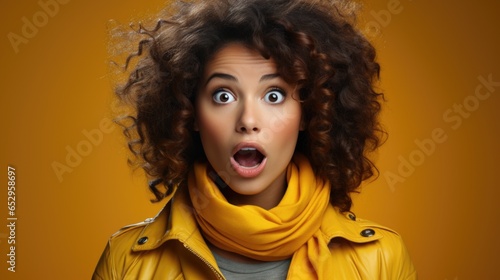 a beautiful woman expressing surprise and shock emotion with her mouth open and big wide open eyes. soft background.
