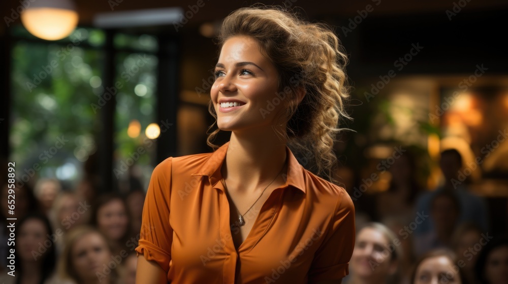 Empowered woman delivering an engaging and dynamic presentation. Empowered woman delivering an engaging and dynamic presentation.