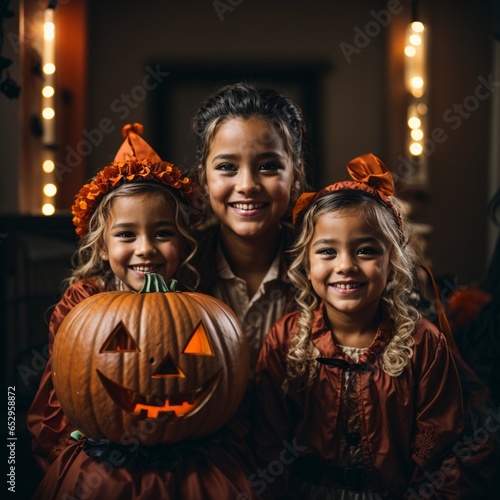 Joyful family in Halloween costumes and makeup celebrating the holiday  trick or treating. Perfect for Halloween-themed projects and festivities. trick or treat