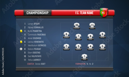 Sport scoreboard with team list and formation on soccer field. Vector template for your design.