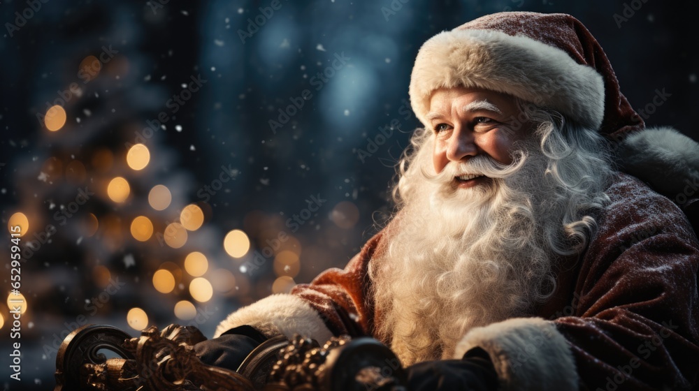 Photo of happy santa claus on defocused bokeh effect background with copy space. Christmas