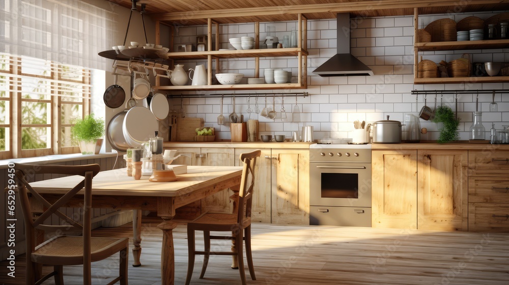 Interior of kitchen in rustic style. White furniture and wooden decor in bright cottage indoor. - obrazy, fototapety, plakaty 
