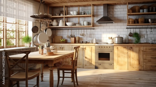 Interior of kitchen in rustic style. White furniture and wooden decor in bright cottage indoor. photo