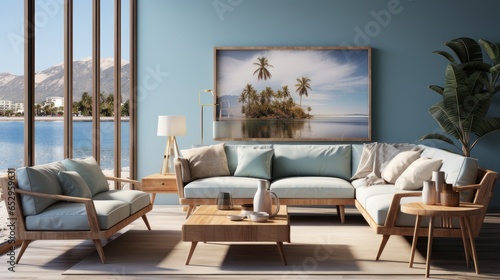 Interior of elegant modern living room in luxury villa. Stylish cushioned furniture, wooden coffee table, houseplant, panoramic windows with beautiful seascape view. Eco-style in home interior.