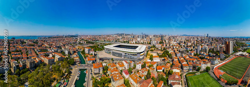Kadikoy panoramic view. Istanbul, Turkey. Beautiful aerial view with drone shot. Fenerbahce Sukru Saracoglu Stadium with Kadikoy panorama. photo