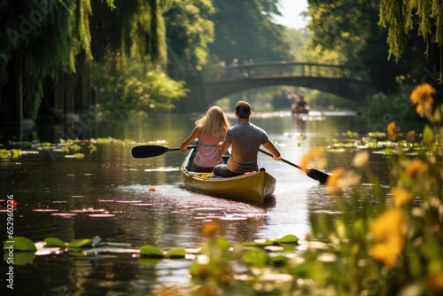 A happy family enjoys a leisurely summer kayaking adventure on a beautiful river surrounded by green wilderness.