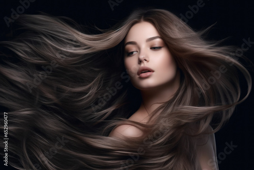 Close up of a Luxury portrait of a beautiful woman with long hair and a black background.