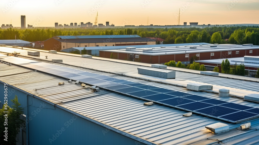 Solar panels installed on a roof of a large industrial building or a warehouse.