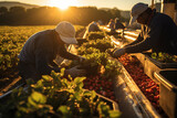 gathering strawberry harvest on plantation in farm