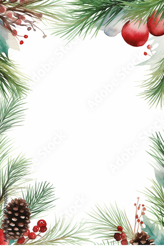 Pine boughs and Christmas ornaments bordering a frame for Christmas