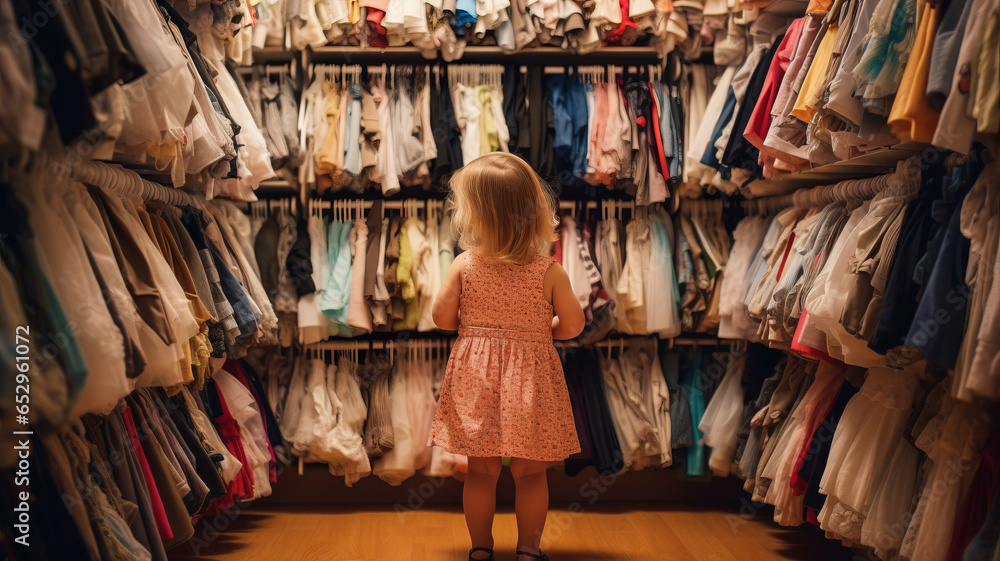Two Years Old Child Choosing her own Dresses from Kids Cloth Rack