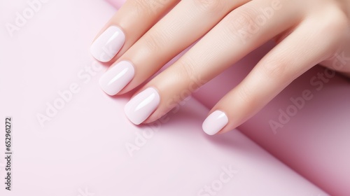 Beautiful manicure. Long almond shaped nails. Nail design. Manicure with gel polish. Close-up of the hand of a young woman with a gentle manicure on her nails. Bright nails with gel polish.